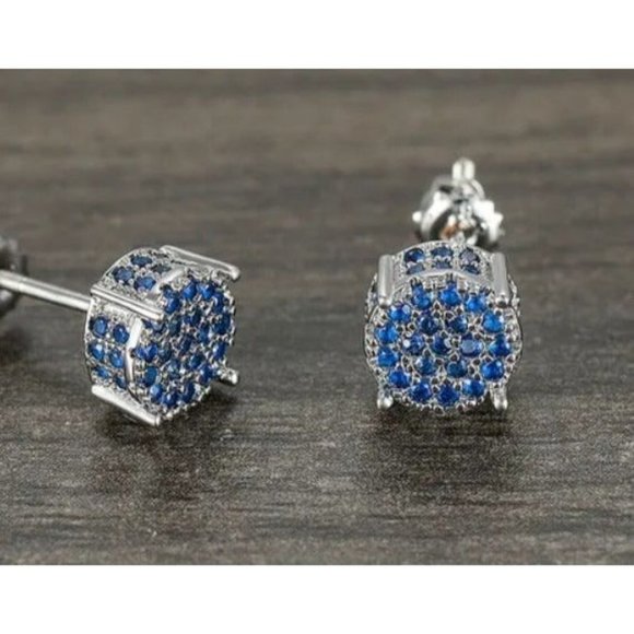 Mens Solid 925 Sterling Silver 1ct Blue Sapphire 2ct Diamond Stud Earrings Studs